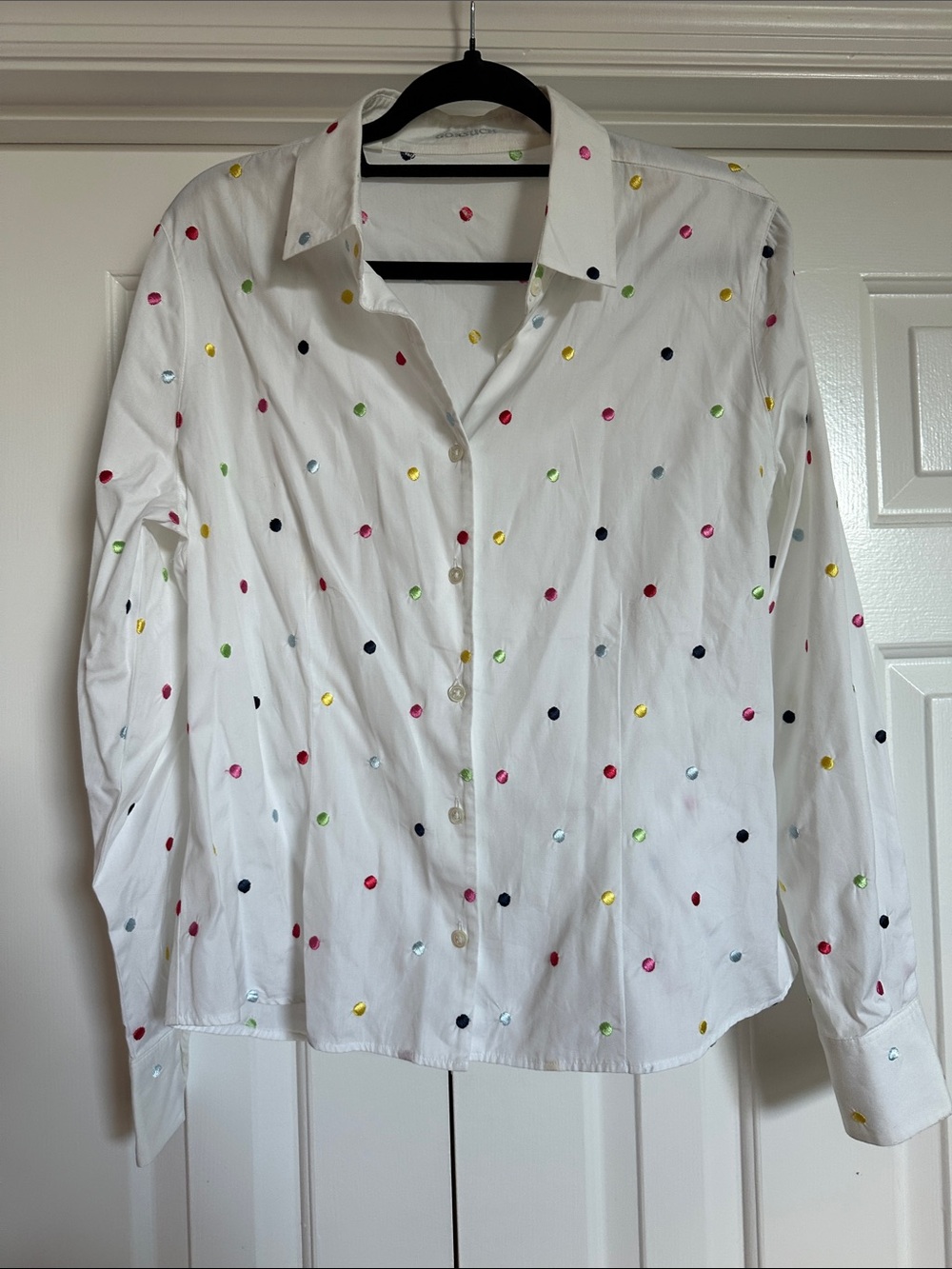 White Button-Down Shirt with Multicolor Polka Dots